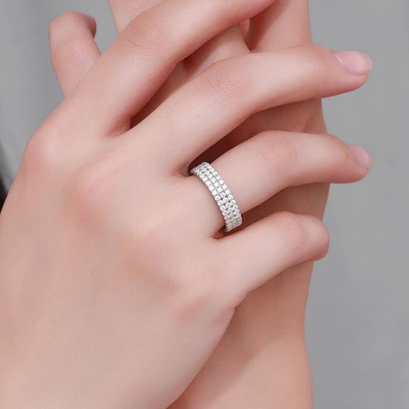 Certified 1.5 mm Moissanite Diamond Three Row Pave Full Eternity Band Ring - Picture 7 of 12